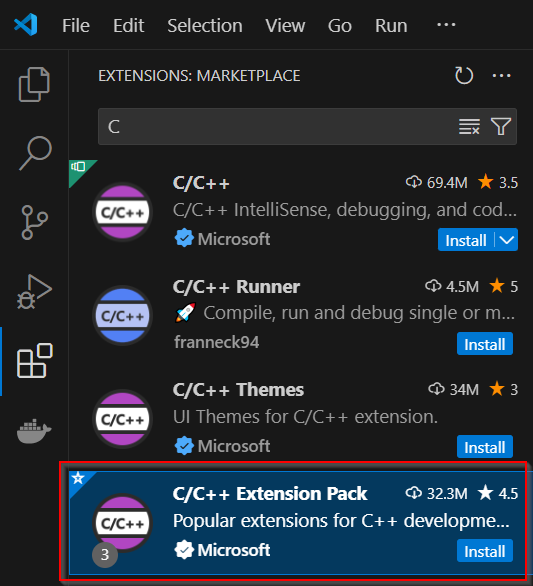 安裝外掛 C/C++ Extension Pack